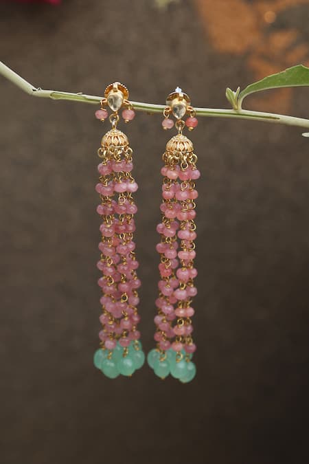 Shop Do Taara Pink Embellished Long Jhumka Earrings at Aza Fashions Shop_Do Taara_Pink Embellished Long Jhumka Earrings _at_Aza_Fashions