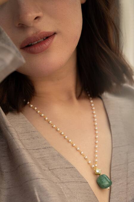 Do Taara_Green Embellished Long Pendant Necklace _Online_at_Aza_Fashions