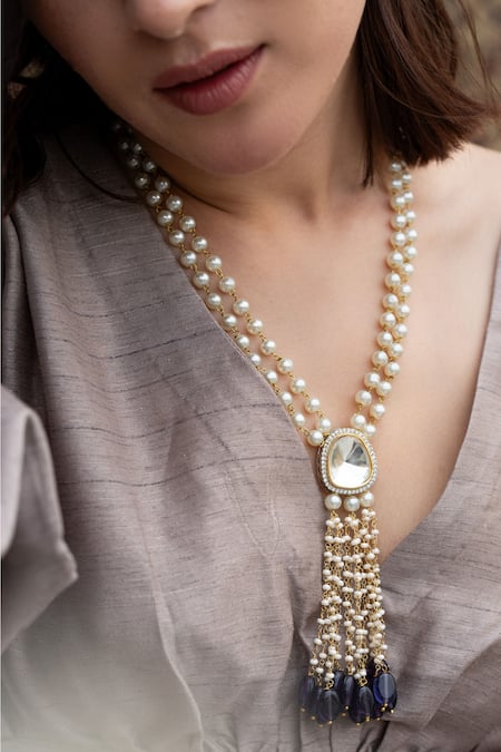 Do Taara_Purple Shell Pearls Embellished Long Pendant Necklace _Online_at_Aza_Fashions