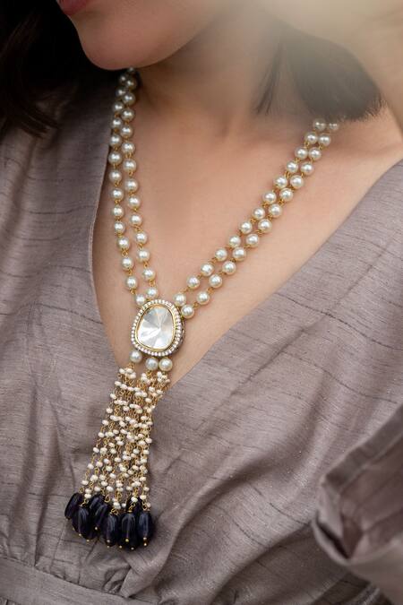 Buy_Do Taara_Purple Shell Pearls Embellished Long Pendant Necklace _Online_at_Aza_Fashions