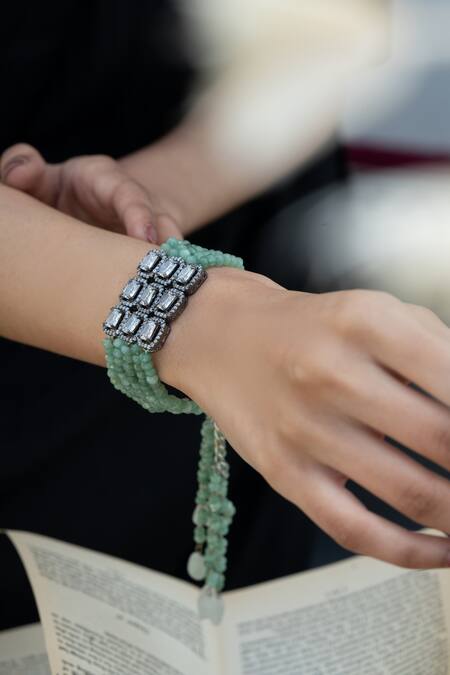 Do Taara_Green Crystals, Diamonds Faux Studded Bracelet _Online_at_Aza_Fashions