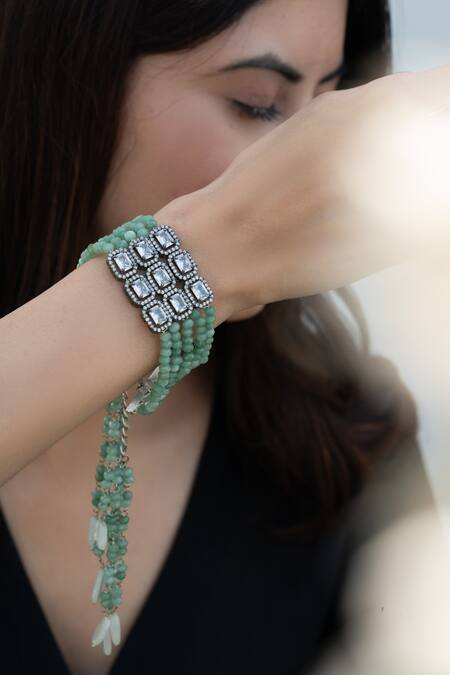 Shop_Do Taara_Green Crystals, Diamonds Faux Studded Bracelet _Online_at_Aza_Fashions
