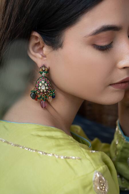 Do Taara_Multi Color Diamonds, Stones Tear Drop Carved Earrings _Online_at_Aza_Fashions