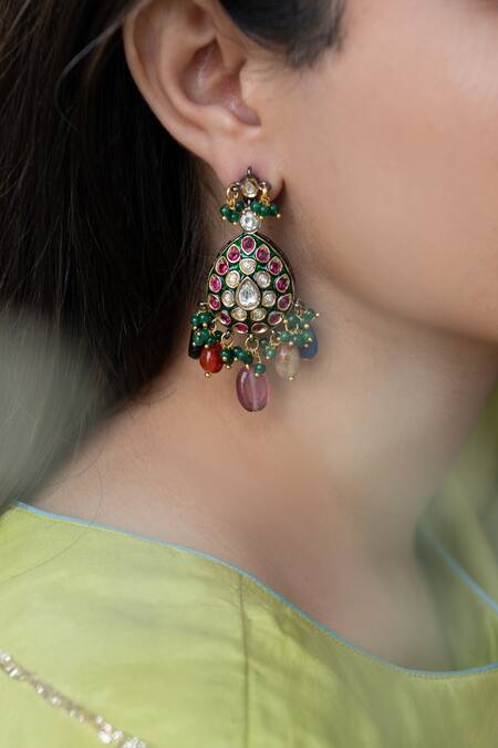Buy_Do Taara_Multi Color Diamonds, Stones Tear Drop Carved Earrings _Online_at_Aza_Fashions