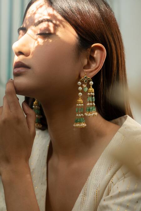 Buy_Do Taara_Green Shell Pearl Embellished Jhumkas _Online_at_Aza_Fashions