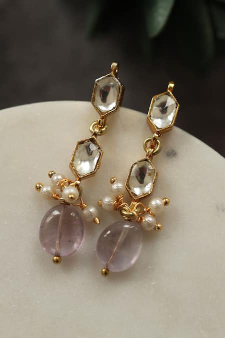 Shop Do Taara Purple Pearls, Stones, Diamonds Kundan Studded Earrings at Aza Fashions Shop_Do Taara_Purple Pearls, Stones, Diamonds Kundan Studded Earrings _at_Aza_Fashions