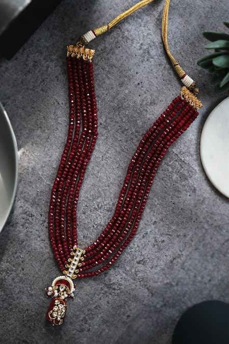 Shop_Do Taara_Red Onyx Half Crescent Carved Pendant Necklace _at_Aza_Fashions