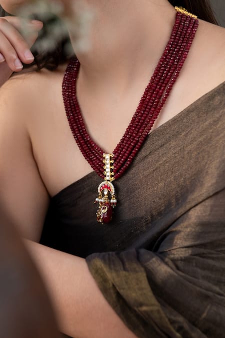 Do Taara_Red Onyx Half Crescent Carved Pendant Necklace _Online_at_Aza_Fashions