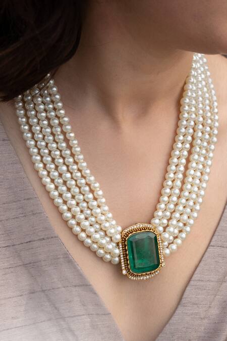 Buy Do Taara Green Emerald Stone Shell Pearl Necklace Online at Aza Fashions Buy_Do Taara_Green Emerald Stone Shell Pearl Necklace_Online_at_Aza_Fashions