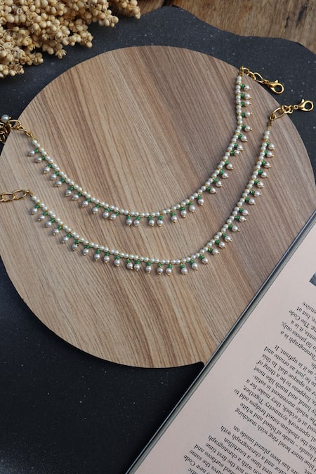 Shop Do Taara Green Pearls, Stones Onyx Drop Payals-Set of 2 at Aza Fashions Shop_Do Taara_Green Pearls, Stones Onyx Drop Payals-Set of 2 _at_Aza_Fashions
