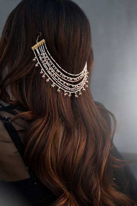 Do Taara_Red Shell Pearls Multi-layer Braid Pin _Online_at_Aza_Fashions