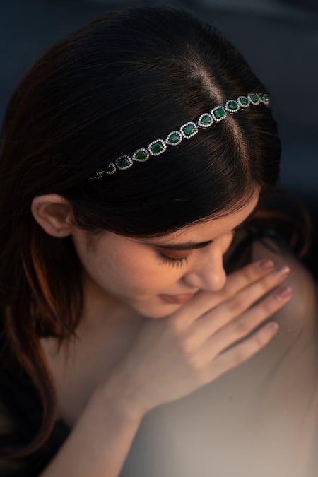 Do Taara_Green Crystals Rhodium Plated Faux Diamond Headband _Online_at_Aza_Fashions