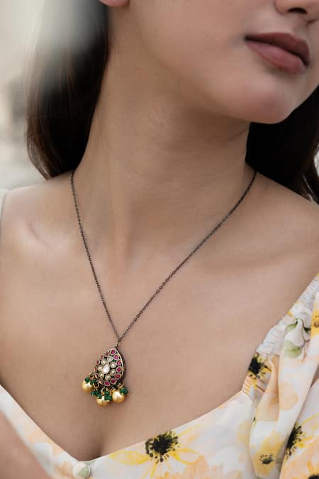 Do Taara_Multi Color Polki Studded Drop Chain Necklace _Online_at_Aza_Fashions