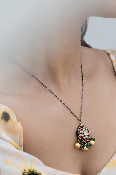 Buy_Do Taara_Multi Color Polki Studded Drop Chain Necklace _Online_at_Aza_Fashions