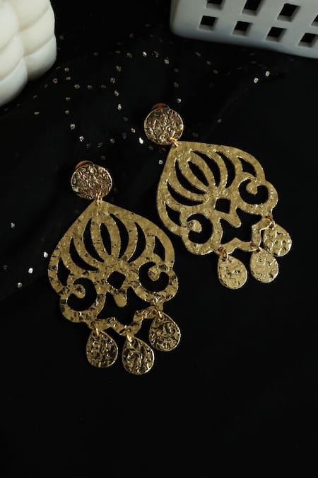 Shop Do Taara Gold Plated Textured Scallop Pattern Earrings at Aza Fashions Shop_Do Taara_Gold Plated Textured Scallop Pattern Earrings _at_Aza_Fashions