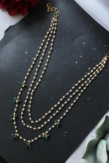 Shop Do Taara Green Shell Pearl And Onyx Embellished Layered Necklace at Aza Fashions Shop_Do Taara_Green Shell Pearl And Onyx Embellished Layered Necklace _at_Aza_Fashions