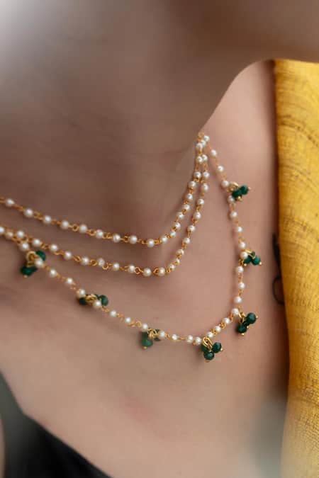 Do Taara Green Shell Pearl And Onyx Embellished Layered Necklace Online at Aza Fashions Do Taara_Green Shell Pearl And Onyx Embellished Layered Necklace _Online_at_Aza_Fashions