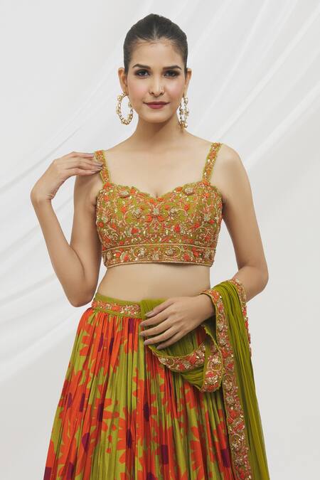 Vikram Phadnis_Green Silk Printed Daisy Sweetheart Neck And Jaal Lehenga Saree Set _Online_at_Aza_Fashions