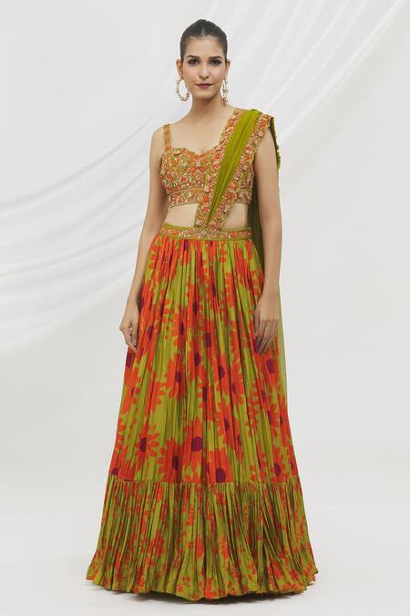 Buy_Vikram Phadnis_Green Silk Printed Daisy Sweetheart Neck And Jaal Lehenga Saree Set _Online_at_Aza_Fashions