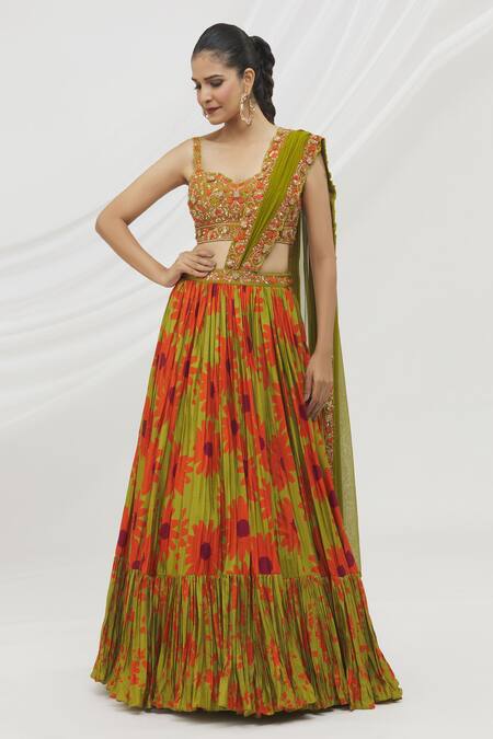 Shop_Vikram Phadnis_Green Silk Printed Daisy Sweetheart Neck And Jaal Lehenga Saree Set _Online_at_Aza_Fashions