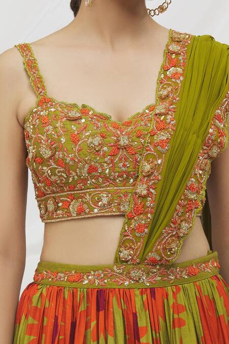 Vikram Phadnis_Green Silk Printed Daisy Sweetheart Neck And Jaal Lehenga Saree Set _at_Aza_Fashions