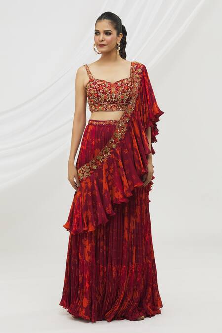 Vikram Phadnis Wine Blouse Silk, Saree Crepe Satin Cutdana, Sequins, Print Pre-draped With Online at Aza Fashions Vikram Phadnis_Wine Blouse Silk, Saree Crepe Satin Cutdana, Sequins, Print Pre-draped With_Online_at_Aza_Fashions