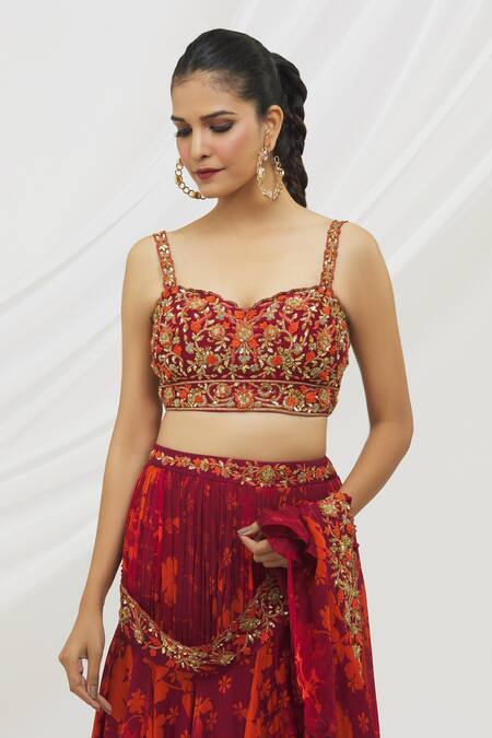 Shop Vikram Phadnis Wine Blouse Silk, Saree Crepe Satin Cutdana, Sequins, Print Pre-draped With Online at Aza Fashions Shop_Vikram Phadnis_Wine Blouse Silk, Saree Crepe Satin Cutdana, Sequins, Print Pre-draped With_Online_at_Aza_Fashions