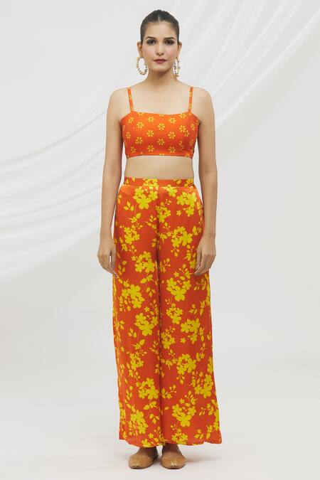 Buy_Vikram Phadnis_Orange Modal Satin, Bustier  Silk Mirror, Thread, Print Cape Flared Pant Set