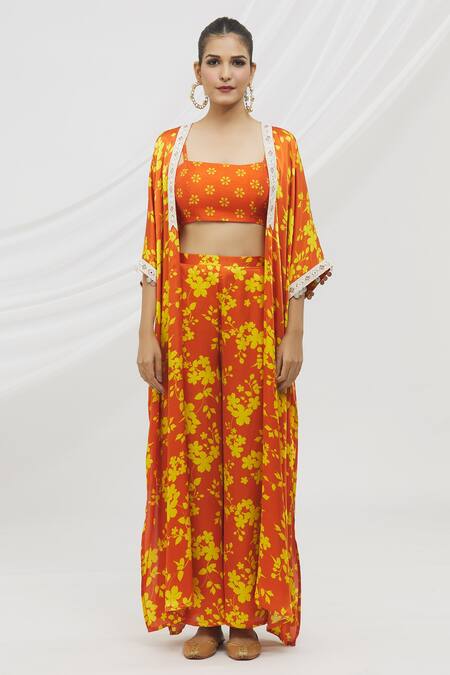 Buy_Vikram Phadnis_Orange Modal Satin, Bustier  Silk Mirror, Thread, Print Cape Flared Pant Set_Online_at_Aza_Fashions