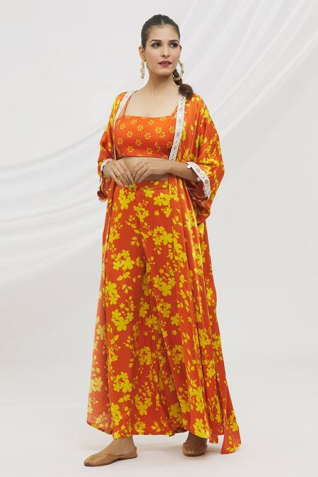 Shop_Vikram Phadnis_Orange Modal Satin, Bustier  Silk Mirror, Thread, Print Cape Flared Pant Set_Online_at_Aza_Fashions
