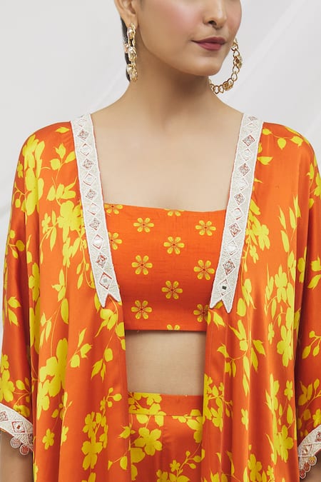 Vikram Phadnis_Orange Modal Satin, Bustier  Silk Mirror, Thread, Print Cape Flared Pant Set_at_Aza_Fashions
