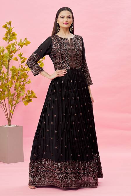 Buy_Samyukta Singhania_Black Chiffon Sequins, Zari, Embroidery V-neck Anarkali With Dupatta_Online_at_Aza_Fashions