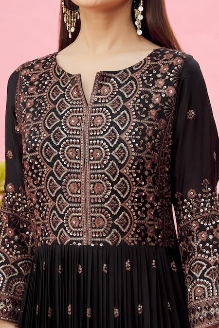 Shop_Samyukta Singhania_Black Chiffon Sequins, Zari, Embroidery V-neck Anarkali With Dupatta_Online_at_Aza_Fashions