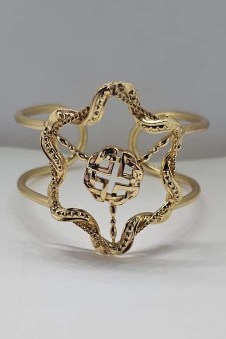 Shop Gaurish Bespoke Jewellery Gold Plated Carved Intertwined Pattern Bracelet at Aza Fashions Shop_Gaurish Bespoke Jewellery_Gold Plated Carved Intertwined Pattern Bracelet _at_Aza_Fashions
