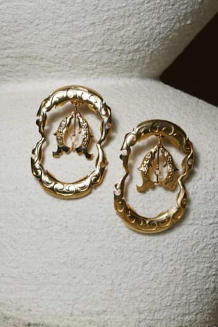 Shop Gaurish Bespoke Jewellery Gold Plated Fish Carved Earrings at Aza Fashions Shop_Gaurish Bespoke Jewellery_Gold Plated Fish Carved Earrings _at_Aza_Fashions