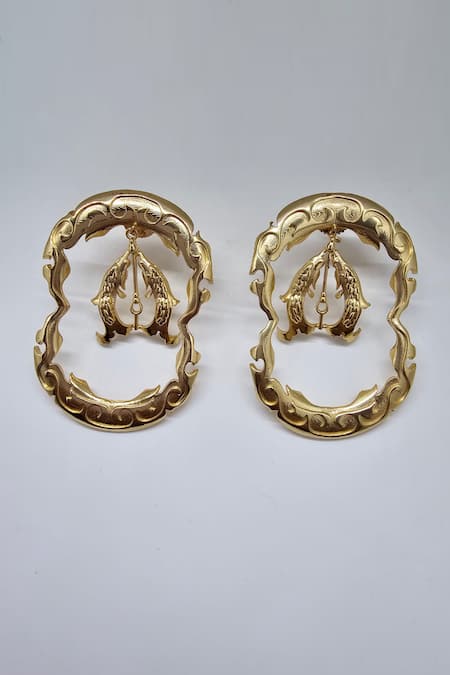 Gaurish Bespoke Jewellery Gold Plated Fish Carved Earrings Online at Aza Fashions Gaurish Bespoke Jewellery_Gold Plated Fish Carved Earrings _Online_at_Aza_Fashions