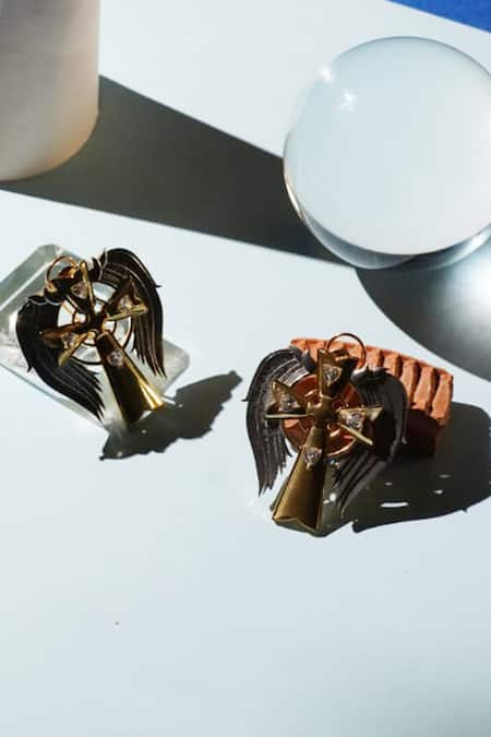 Shop Gaurish Bespoke Jewellery Gold Plated Stones Fly High Embellished Earrings at Aza Fashions Shop_Gaurish Bespoke Jewellery_Gold Plated Stones Fly High Embellished Earrings _at_Aza_Fashions