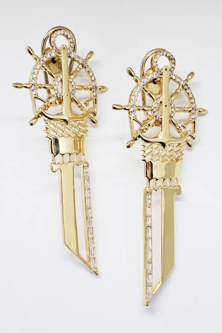 Shop Gaurish Bespoke Jewellery Gold Plated Stones Anchor Key Straight Embellished Earrings at Aza Fashions Shop_Gaurish Bespoke Jewellery_Gold Plated Stones Anchor Key Straight Embellished Earrings _at_Aza_Fashions
