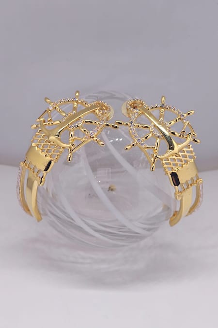 Shop Gaurish Bespoke Jewellery Gold Plated Stones Anchor Key Half Hoops at Aza Fashions Shop_Gaurish Bespoke Jewellery_Gold Plated Stones Anchor Key Half Hoops _at_Aza_Fashions