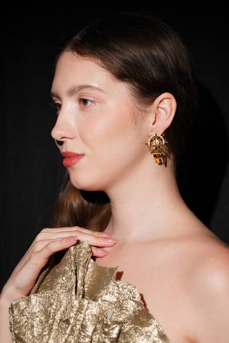 Gaurish Bespoke Jewellery Gold Plated Stones Anchor Key Half Hoops Online at Aza Fashions Gaurish Bespoke Jewellery_Gold Plated Stones Anchor Key Half Hoops _Online_at_Aza_Fashions