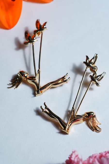 Shop Gaurish Bespoke Jewellery Gold Plated Girls Like To Swing Carved Earrings at Aza Fashions Shop_Gaurish Bespoke Jewellery_Gold Plated Girls Like To Swing Carved Earrings _at_Aza_Fashions