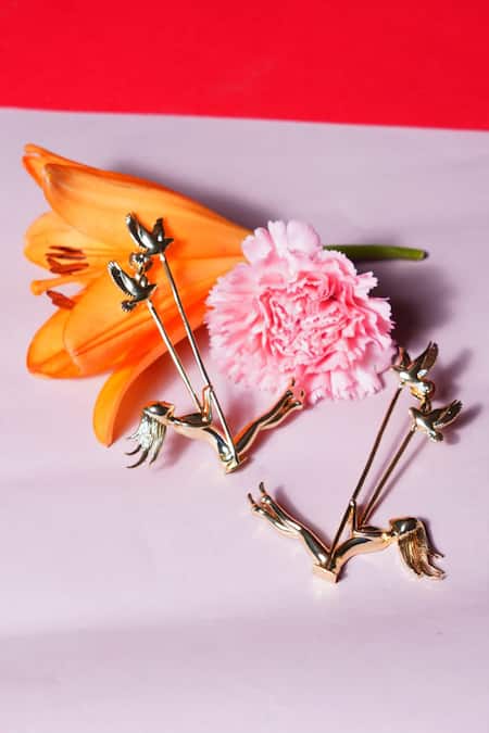 Gaurish Bespoke Jewellery Gold Plated Girls Like To Swing Carved Earrings Online at Aza Fashions Gaurish Bespoke Jewellery_Gold Plated Girls Like To Swing Carved Earrings _Online_at_Aza_Fashions