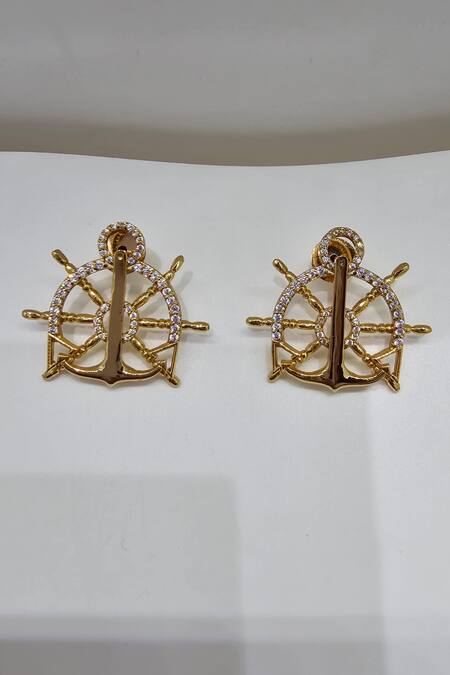 Shop Gaurish Bespoke Jewellery Gold Plated Stones Steer Button Embellished Earrings at Aza Fashions Shop_Gaurish Bespoke Jewellery_Gold Plated Stones Steer Button Embellished Earrings _at_Aza_Fashions