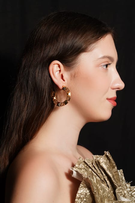 Gaurish Bespoke Jewellery Gold Plated Spaced Small Carved Hoops Online at Aza Fashions Gaurish Bespoke Jewellery_Gold Plated Spaced Small Carved Hoops _Online_at_Aza_Fashions