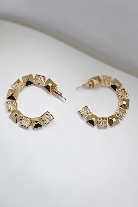 Shop Gaurish Bespoke Jewellery Gold Plated Spaced Small Carved Hoops at Aza Fashions Shop_Gaurish Bespoke Jewellery_Gold Plated Spaced Small Carved Hoops _at_Aza_Fashions