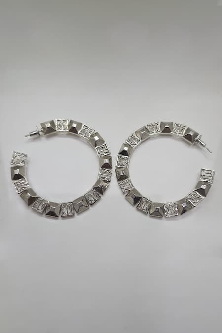 Shop Gaurish Bespoke Jewellery Silver Plated Textured Spaced Hoops at Aza Fashions Shop_Gaurish Bespoke Jewellery_Silver Plated Textured Spaced Hoops _at_Aza_Fashions
