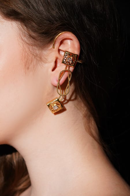 Gaurish Bespoke Jewellery Gold Plated Stones Knotted Signal Earrings Online at Aza Fashions Gaurish Bespoke Jewellery_Gold Plated Stones Knotted Signal Earrings _Online_at_Aza_Fashions