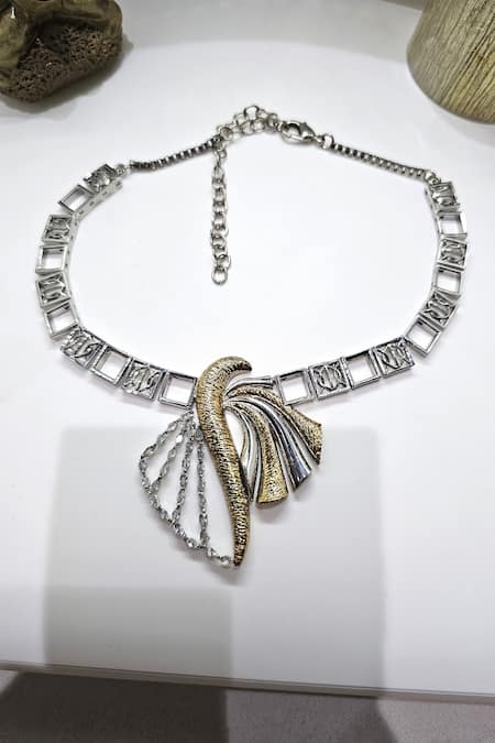 Shop Gaurish Bespoke Jewellery Gold Plated Knife Edge Pendant Necklace at Aza Fashions Shop_Gaurish Bespoke Jewellery_Gold Plated Knife Edge Pendant Necklace _at_Aza_Fashions