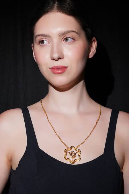 Buy_Gaurish Bespoke Jewellery_Gold Plated Floral Carved Pendant Necklace _Online_at_Aza_Fashions