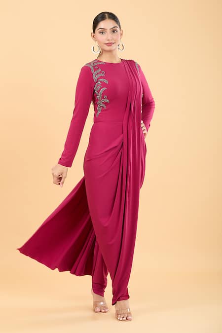 Namrata Joshipura Magenta Jersey Round Embellished Jumpsuit Saree 